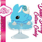 Cute kawaii Blue Berry Cotton Candy ice cream sundae character card front which shows the digital artwork. The bunny has blue berries and swirls of whipped cream in the dish.  The bunny has two blue berries on the top near the swirl of whipped cream on the back. 
