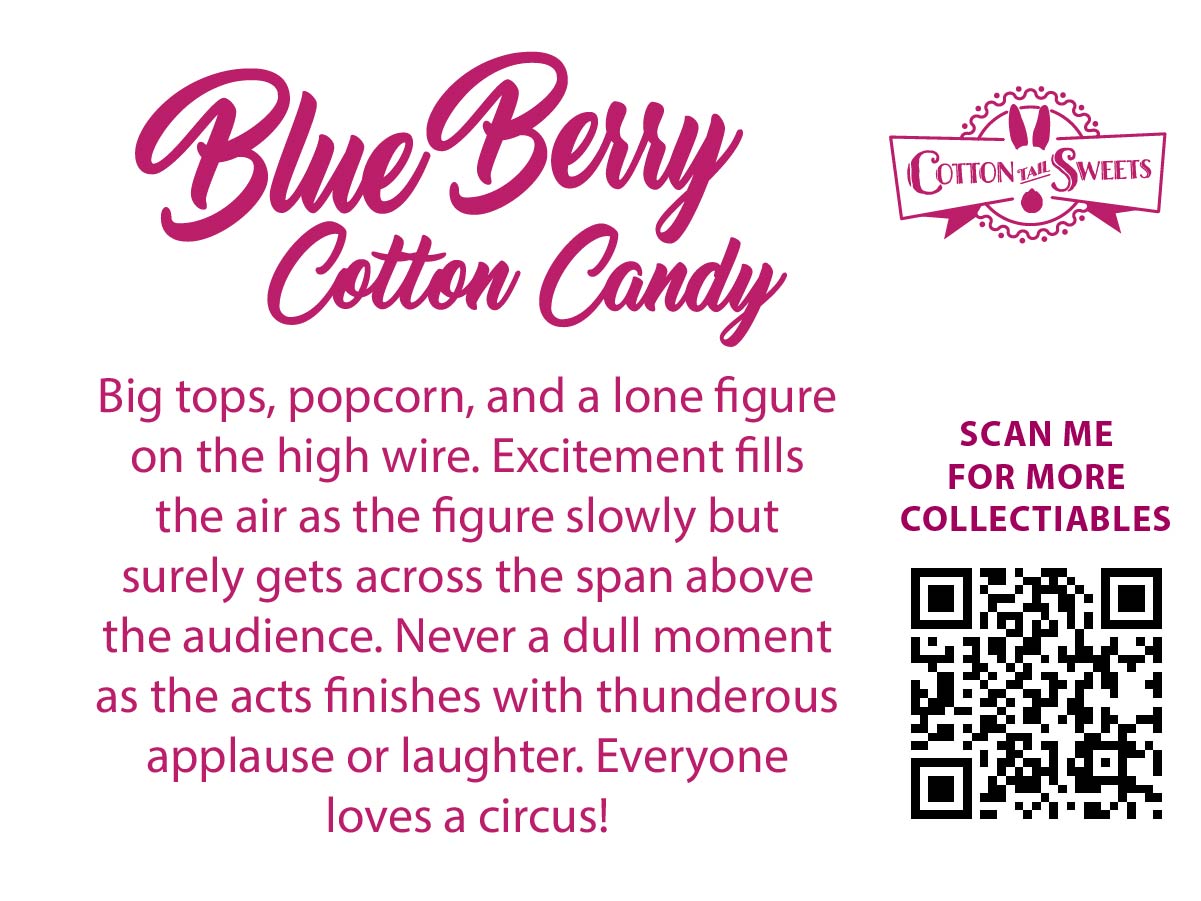 Cute kawaii Blue Berry Cotton Candy ice cream sundae character card back which reads, Blue Berry Cotton Candy, Big tops, popcorn, and a lone figure on the high wire. Excitement fills the air as the figure slowly but surely gets across the span above the audience. Never a dull moment as the acts finishes with thunderous applause or laughter.  Everyone loves a circus! A QR code is available to be scanned for more collectibles as well as the cotton tails logo.