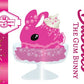 Cute kawaii ice cream Bubbles character card front which shows the artwork for the sundae. The pink sundae has light pink drizzle, pink spheres inside the dish. 