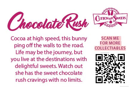 The back of the character card reads: Chocolate Rush, Cocoa at high speed, this bunny ping off the walls to the road. Life may be the journey, but you live at the destinations with delightful sweets. Watch out, she has the sweet chocolate rush cravings with no limits. A QR code is available to be scanned for more collectibles as well as the cotton tails logo.