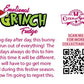 Cute kawaii ice cream sundae character card back that reads: Emotional Grinch Fudge, Eating day after day, this bunny has run out of everything! The holidays always do this to him, but this time it will be different. He will have to go get more food during this festive season. I know I’m going to regret this. A QR code is available to be scanned for more collectibles as well as the cotton tails logo.