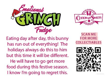 Cute kawaii ice cream sundae character card back that reads: Emotional Grinch Fudge, Eating day after day, this bunny has run out of everything! The holidays always do this to him, but this time it will be different. He will have to go get more food during this festive season. I know I’m going to regret this. A QR code is available to be scanned for more collectibles as well as the cotton tails logo.
