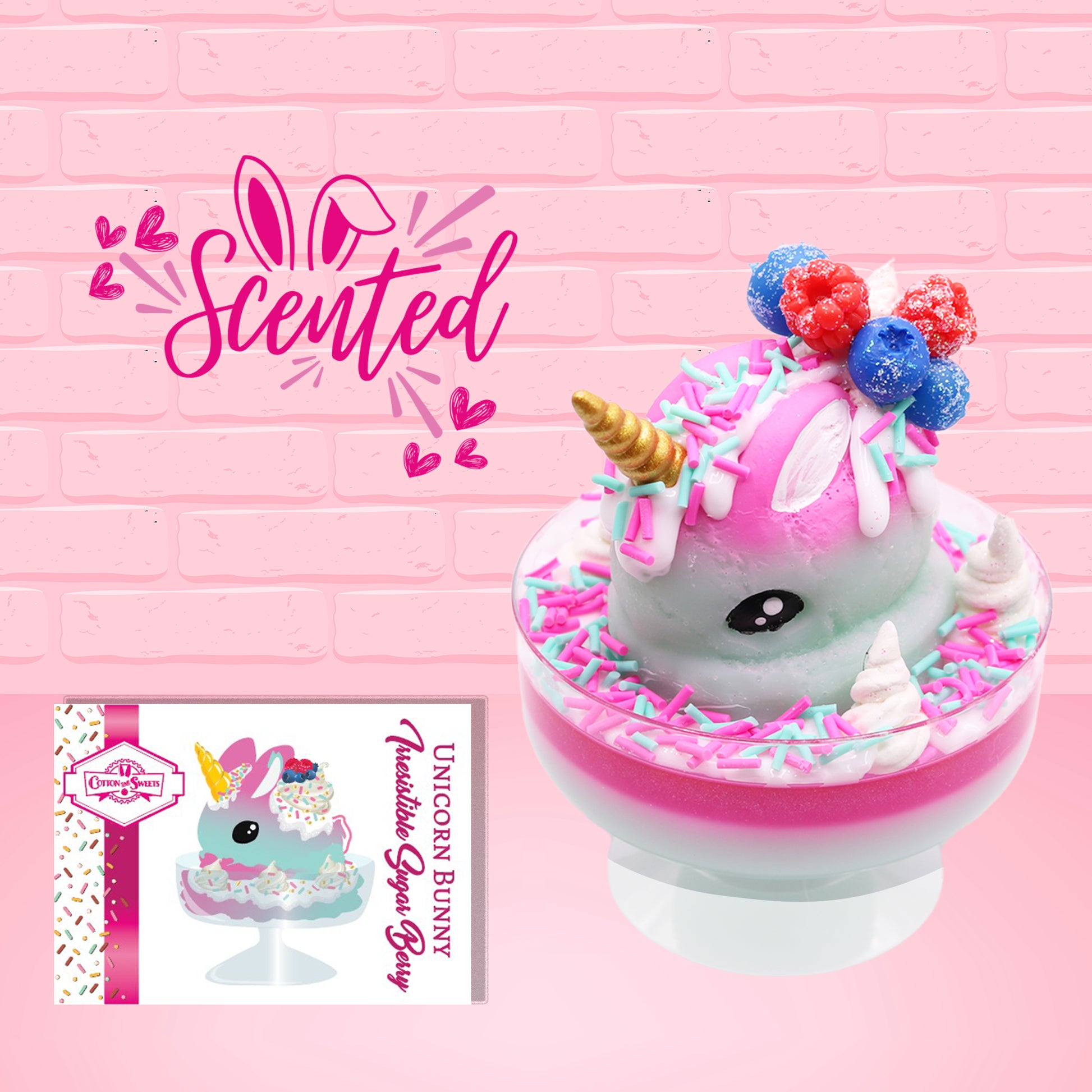 Cute kawaii unicorn bunny Irresistible Sugary Berry light blue and pink sundae with light blue and pink sprinkles with whipped cream swirls in the dish.  The unicorn bunny has blue berries and red raspberries on top near the whipped cream swirl with white drizzle coming down.  The front of the character card is shown, and the word scented.