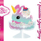 The front of the character card for Unicorn Bunny Irresistible Sugar Berry which shows the digital artwork. The artworks shows a blue and pink ice cream unicorn bunny with raspberries and blueberries on top. The dish has whipped cream swirls covered with light blue and pink sprinkles.
