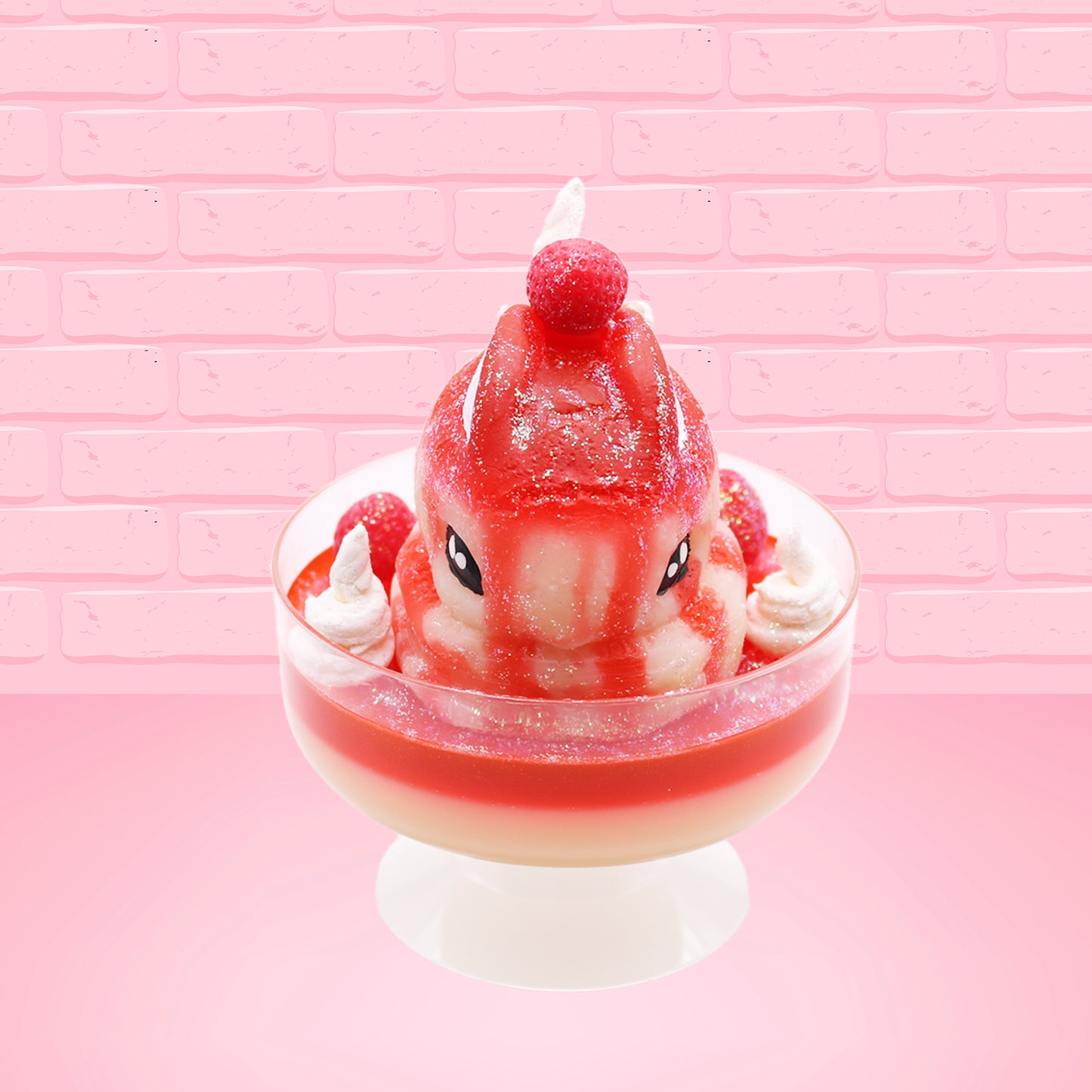Cute kawaii bunny new strawberry cheesecake white ice cream with red translucent glaze, strawberries, and swirls of whipped cream in the dish. The bunny has red glittery glaze dripping over the head with a strawberry and a swirl of whipped cream on top. This view is from the front.