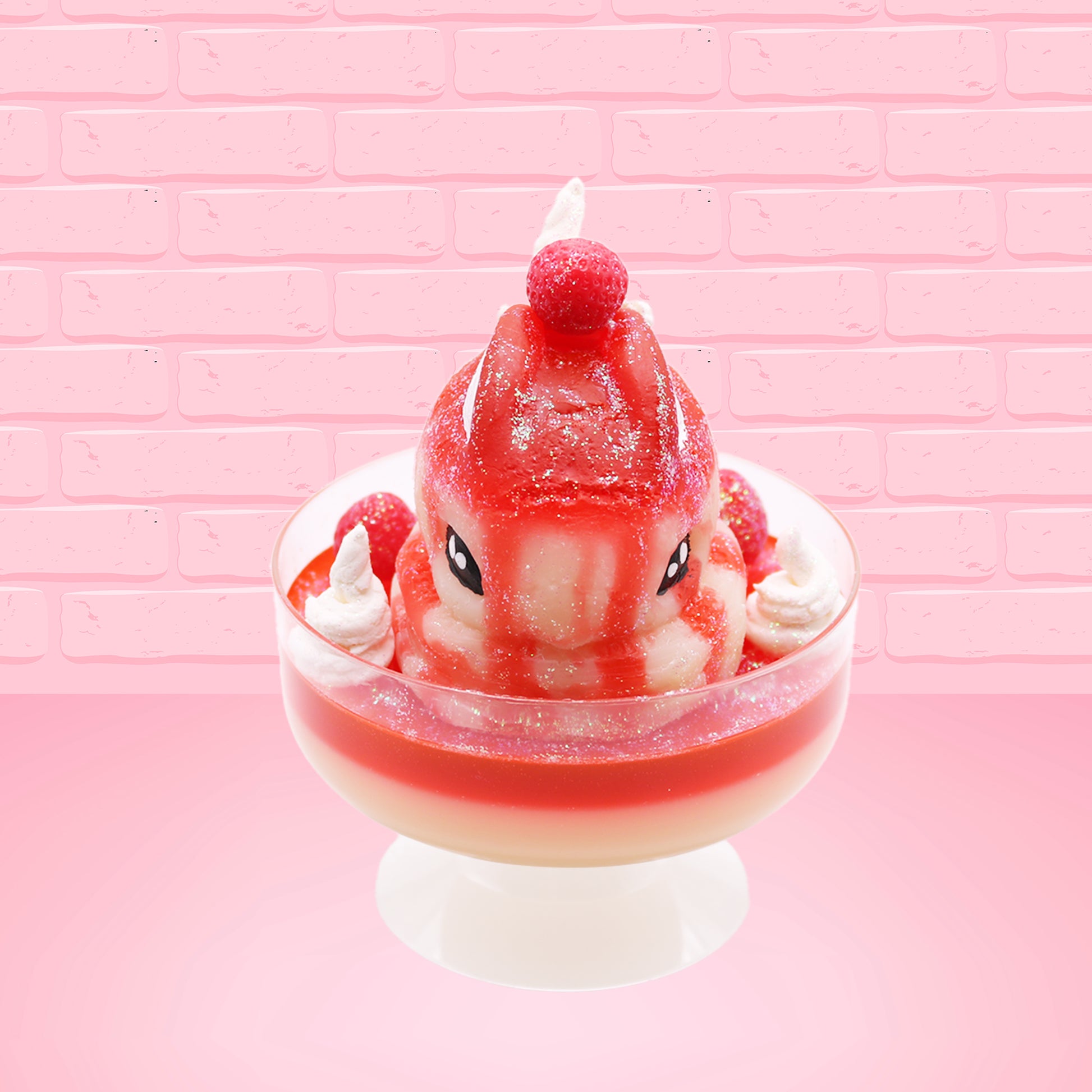 Cute kawaii bunny new strawberry cheesecake white ice cream with red translucent glaze, strawberries, and swirls of whipped cream in the dish. The bunny has red glittery glaze dripping over the head with a strawberry and a swirl of whipped cream on top. This view is from the front.