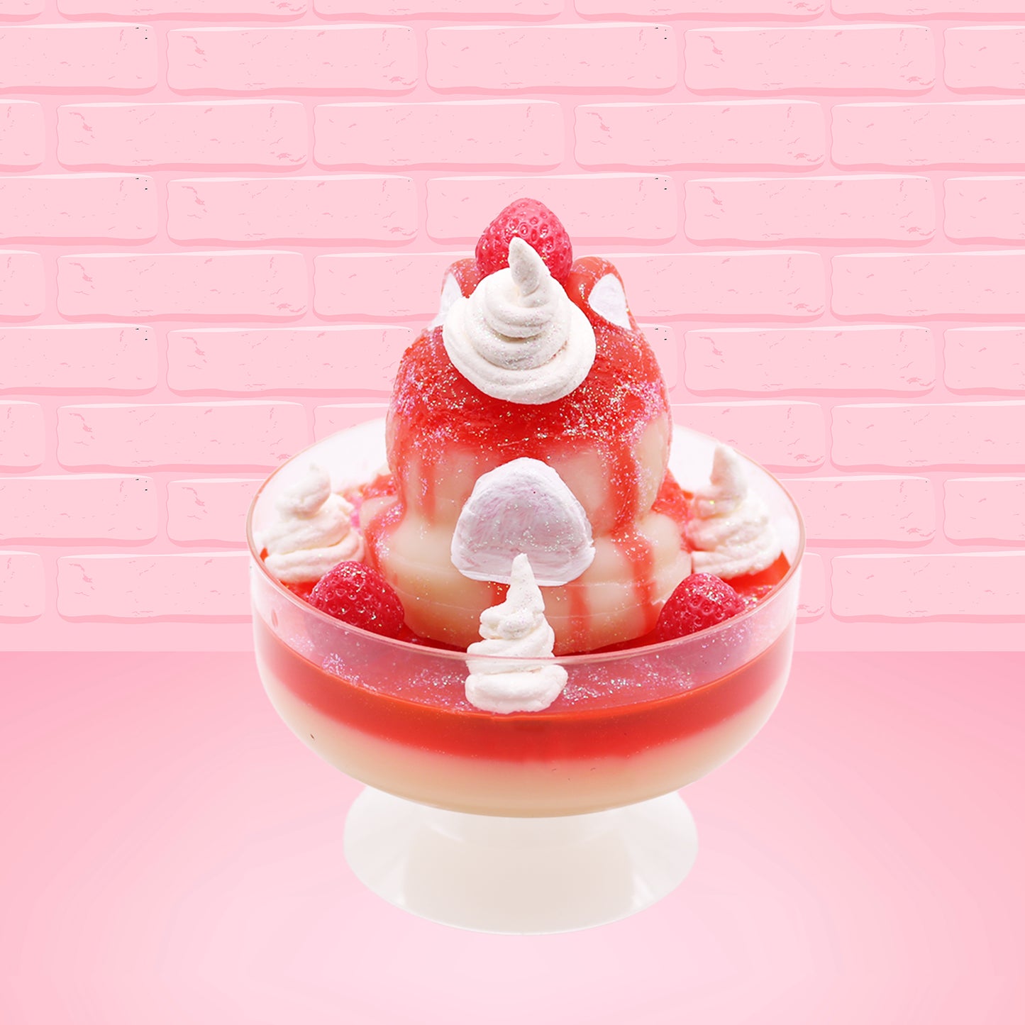 Cute kawaii bunny new strawberry cheesecake white ice cream with red translucent glaze, strawberries, and swirls of whipped cream in the dish. The bunny has red glittery glaze dripping over the head with a strawberry and a swirl of whipped cream on top. This view is from the back.