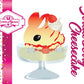 Cute kawaii bunny ice cream character card front which shows the digital artwork. The artwork shows Strawberry Cheesecake white ice cream with red translucent glaze, strawberries, and swirls of whipped cream in the dish. The bunny has red glittery glaze dripping over the head with a strawberry and a swirl of whipped cream on top.