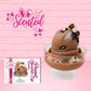 Cute kawaii peanut chocolate cup resin ice cream sundae with orange and white sprinkles in the dish. Chocolate drizzle and cups are on the top of the resin ice cream bunny, and a swirl whipped cream on top. Shows the character card and that the item is scented.
