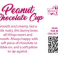 Cute kawaii bunny peanut chocolate cup character card back, reads: Peanut Chocolate Cup, Smooth and creamy, but a little nutty, this bunny loves all things sweet and smooth. Always happy with a soft piece of chocolate to nibble on, and a soft pillow to lay against. A QR code is available to be scanned for more collectibles as well as the cotton tails logo.