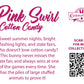 Cute kawaii bunny Pink Swirl Cotton Candy character card back, reads: Pink Swirl Cotton Candy, Sweet summer nights, bright flashing lights, and state fairs, who doesn’t love cotton candy? This bunny never misses the state fair, and always wins at one of the games every time. She has the piles of large stuffed animals to prove it. A QR code is available to be scanned for more collectibles as well as the cotton tails logo.