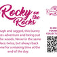 Cute kawaii bunny Rocky on the Rocks character card back, reads: Rocky on the Rocks, Rough and ragged, this bunny loves adventure and being out in the woods. Never is the same place twice, but always back home for a relaxing time at the end of the day. A QR code is available to be scanned for more collectibles as well as the cotton tails logo.