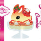 The front of the character card for Santa Cookie Crumble that shows the digital artwork. The artwork shows white ice cream sundae with red glaze, glitter, red berries and whipped swirls in the dish. The bunny has red berries and green leaves on top with red translucent glaze near the whipped cream swirl.