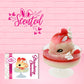 Cute kawaii bunny strawberry cheesecake white ice cream with red glaze, strawberries, and whipped cream swirls in the dish. The bunny has a strawberry on top between the ears, with a swirl of whipped cream on the back. The character card front which has the digital artwork of the ice cream and the word scented is also shown.