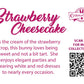 Cute kawaii bunny ice cream character card back which reads: Strawberry Cheesecake, As the cream of the strawberry crop, this bunny loves being sweet and not a bit tart. She enjoys elegant parties and wearing white and red dresses to nearly every occasion. A QR code is available to be scanned for more collectibles as well as the cotton tails logo.