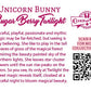 The back of the character card, which reads: Unicorn Bunny Sugar Berry Twilight, Peaceful, playful, passionate and mythic magic may be far-fetched, but seeing is truly believing.  She like to play in the tall waves of the grass of the magical forest admiring the beauty painted sky of the northern lights. She leaves start cluster flowers until the sun rise peaks on the horizon. So you see, it’s only at Twilight the sweet magic reveals itself, cloaked at a peaceful night to bloom magical beauty. A QR code is 