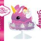 The front of the character card for Unicorn Bunny Sweety which shows the digital artwork. The artwork shows the unicorn purple and pink ice cream sundae with whipped cream swirls, purple, pink, white, and red star sprinkles in the dish. This unicorn bunny has white wings with a strawberry, banana slices and sprinkles on top near the whipped cream.