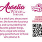 Cute kawaii witch bunny character card back, which reads: Aurelia Witch of Fortune, She’s a witch you always want to see. She loves the luxurious life, and surrounded by her favorite golden things. She is a royal who enjoys brining good fortune to those who deserve it. A QR code is available to be scanned for more collectibles as well as the cotton tails logo.
