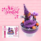 Cute kawaii witch bunny Blair purple ice cream with purple crystals and pumpkins on top of a layer of glittery black translucent layer. The bunny has a purple witch’s hat, with purple raspberries and a whipped cream swirl on top, with black glittery glaze and orange sprinkles. The character card front is shown, as well as the word scented.