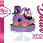 Cute kawaii witch bunny Blair character card front which shows the digital artwork. The artwork shows Blair purple ice cream with purple crystals and pumpkins on top of a layer of glittery black translucent layer. The bunny has a purple witch’s hat, with purple raspberries and a whipped cream swirl on top, with black glittery glaze and orange sprinkles.