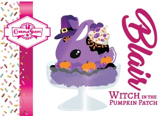 Cute kawaii witch bunny Blair character card front which shows the digital artwork. The artwork shows Blair purple ice cream with purple crystals and pumpkins on top of a layer of glittery black translucent layer. The bunny has a purple witch’s hat, with purple raspberries and a whipped cream swirl on top, with black glittery glaze and orange sprinkles.