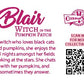 Cute kawaii witch bunny character card back which reads Blair Witch in the Pumpkin Patch, A witch who loves black cats and pumpkins, she enjoys the fall nights amongst her fields looking at the stars. She chats with her pumpkins, and sometimes they answer. A QR code is available to be scanned for more collectibles as well as the cotton tails logo.