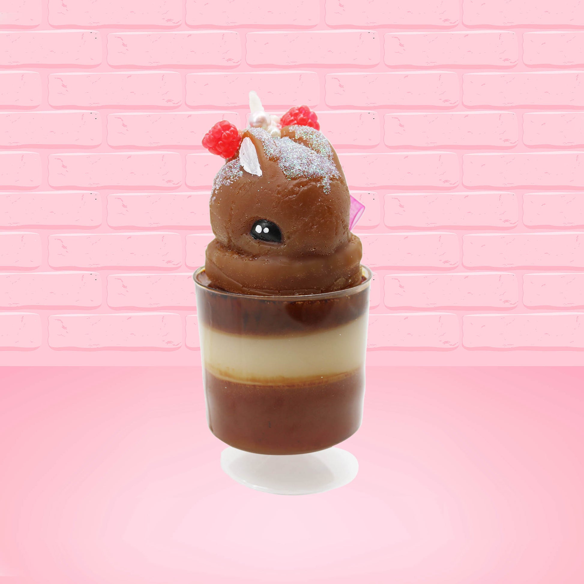 Cute kawaii bunny tall brown Hot Fudge ice cream sundae with glitter and raspberries on top with the whipped cream swirl. The bunny has white pearls and a pink ribbon. This view is from the front at an angle.