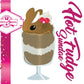 The front of the character card for the Hot Fudge Sundae which shows the digital artwork. The artwork shows the kawaii bunny tall brown Hot Fudge ice cream sundae with glitter and raspberries on top with the whipped cream swirl.