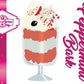 The front of the character card for Peppermint Bark is shown with the digital artwork.  The artwork shows the white ice cream tall sundae that has red and white layers in the dish and a peppermint candy cane, and has bits of peppermint candy on top as well as swirl of whipped cream.