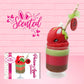 Cute kawaii bunny tall red green and brown ice cream sundae with green glaze and a swirl of whipped cream up top. In the top of the bunny is a bony finger with the poison apple acrylic keychain attached to it. The front of the character card is shown as well as the word scented.