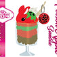 The front of the character card which reads Poison Apple Sundae and shows the digital artwork. The artwork shows the bunny tall red green and brown ice cream sundae with green glaze and a swirl of whipped cream up top. In the top of the bunny is a bony finger with the poison apple acrylic keychain attached to it.