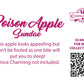 The back of the character card which reads: Poison Apple Sundae, This apple looks appealing but don’t be fooled as one bite will put you to sleep! Prince Charming not included. A QR code is available to be scanned for more collectibles as well as the cotton tails logo.