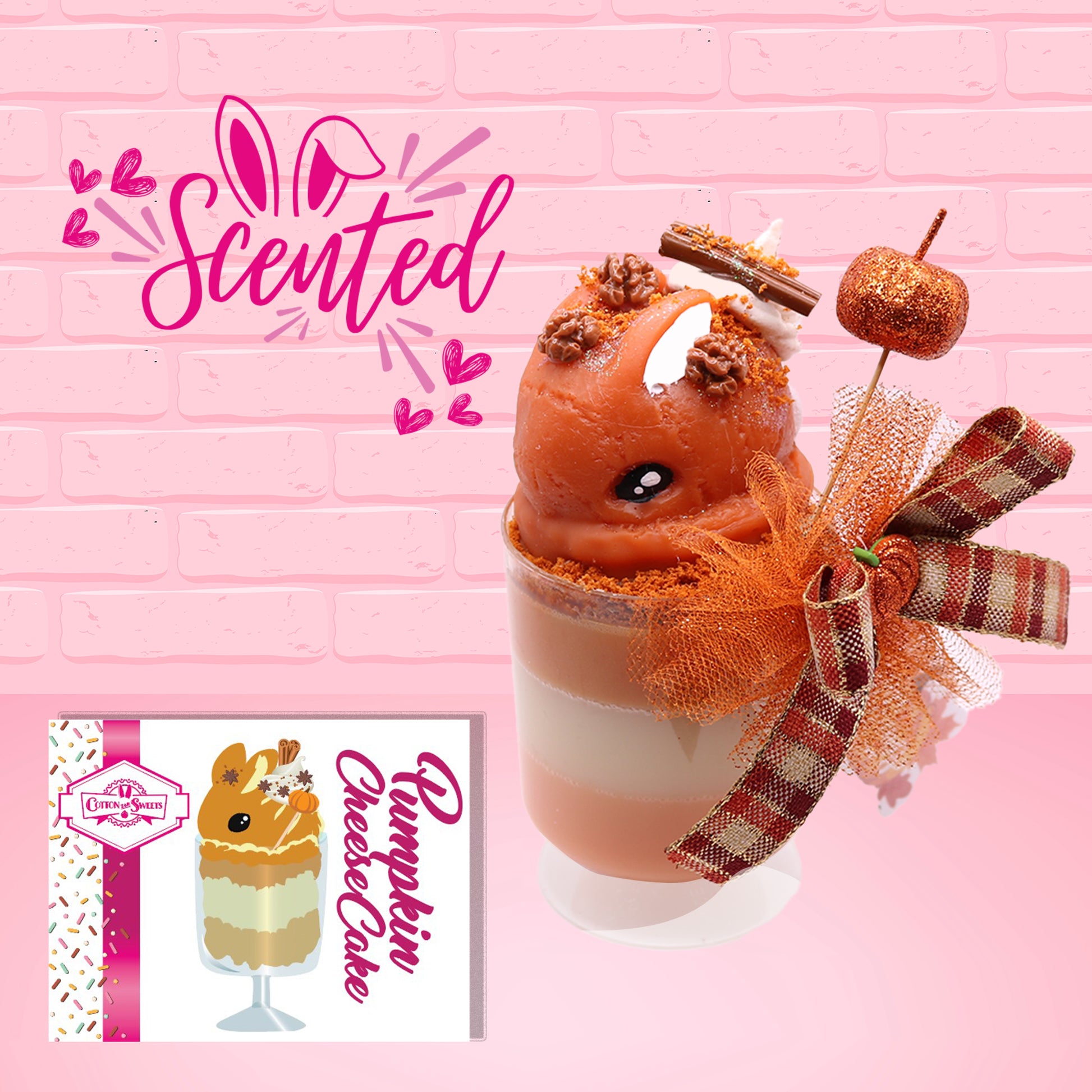Cute kawaii bunny orange ice cream tall sundae that has orange tulle, a fall colored bow with a pumpkin in the middle, brown pecan halves, cinnamon twig on the whipped cream on top, and a glittery pumpkin stuck into the dish. The front of the character card is shown as well as the word scented.
