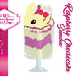 The front of the character card of Raspberry Cheesecake Sundae which shows the digital artwork.  The artwork shows white tall sundae with raspberries and a whipped cream swirl on top.