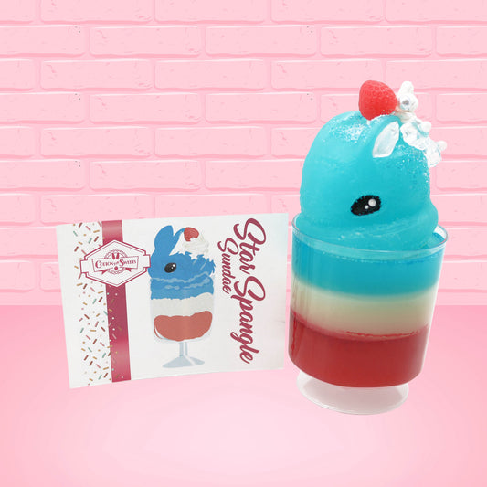 Cute kawaii bunny blue ice cream tall sundae that has red, white and blue layers in the dish and a strawberry on top near the whipped cream and pearls. The front of the character card is shown.