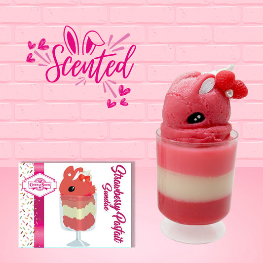 Cute kawaii bunny tall Strawberry Parfait Sundae red ice cream with strawberries, a pearl, and a whipped cream swirl on the top of the bunny. The front of the character card is shows as well as scented.  