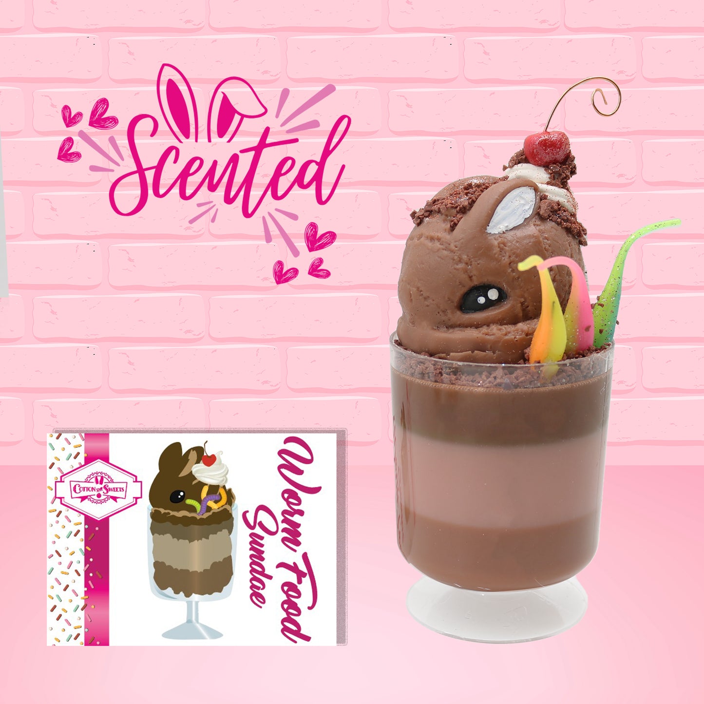 Cute kawaii bunny tall brown and light brown ice cream sundae with brown chocolate crumbles over the bunny, with a cherry on top of the whipped cream swirl.  Three bendy gummy worms are in the dish on the side. The front of the character card is shown as well as the word scented.