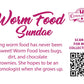 The back of the character card which reads: Worm Food Sundae, Being worm food has never been so sweet! Worm Food loves bugs, dirt, and chocolate brownies. She hopes to be an entomologist when she grows up. A QR code is available to be scanned for more collectibles as well as the cotton tails logo.