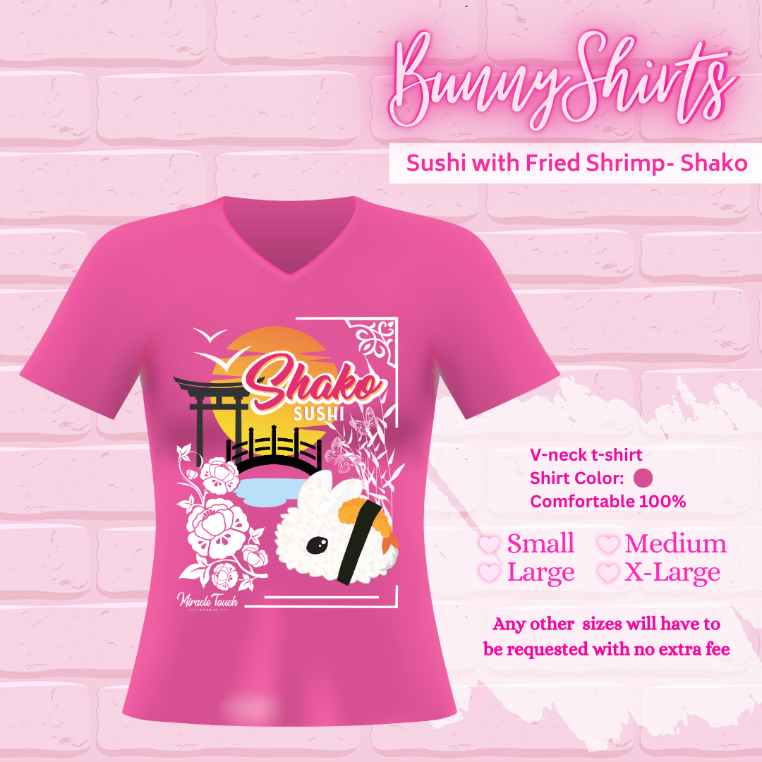 A pink T-shirt that shows the Shako Sushi bunny design on it, Bunny shirts, V-neck T-shirt, Sizes small through x-large, and any other sizes will have to be requested with no extra fee.