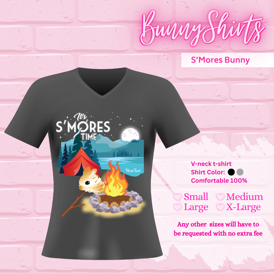 A black T-shirt that shows the S’mores Bunny Design on it, Bunny shirts, V-neck T-shirt, two shirt colors, black and gray, sizes small through x-large, and any other sizes will have to be requested with no extra fee.