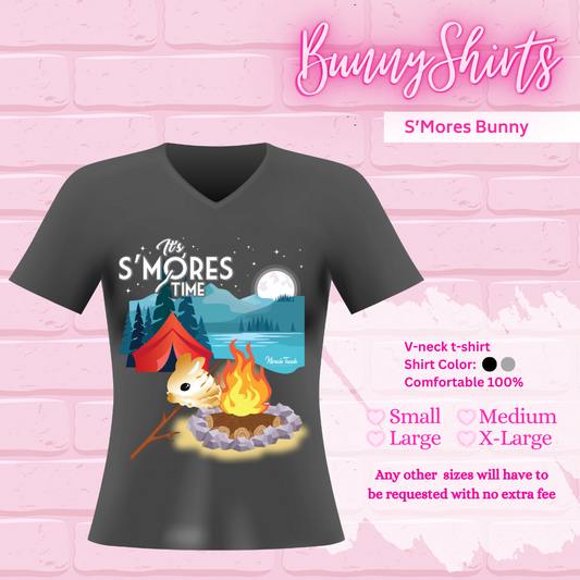 A black T-shirt that shows the S’mores Bunny Design on it, Bunny shirts, V-neck T-shirt, two shirt colors, black and gray, sizes small through x-large, and any other sizes will have to be requested with no extra fee.