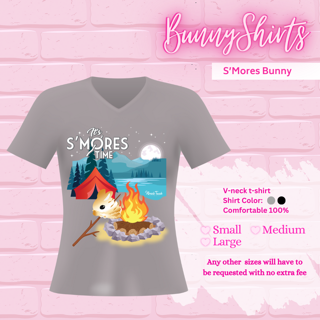 A gray T-shirt that shows the S’mores Bunny Design on it, Bunny shirts, V-neck T-shirt, two shirt colors, black and gray, sizes small through x-large, and any other sizes will have to be requested with no extra fee.