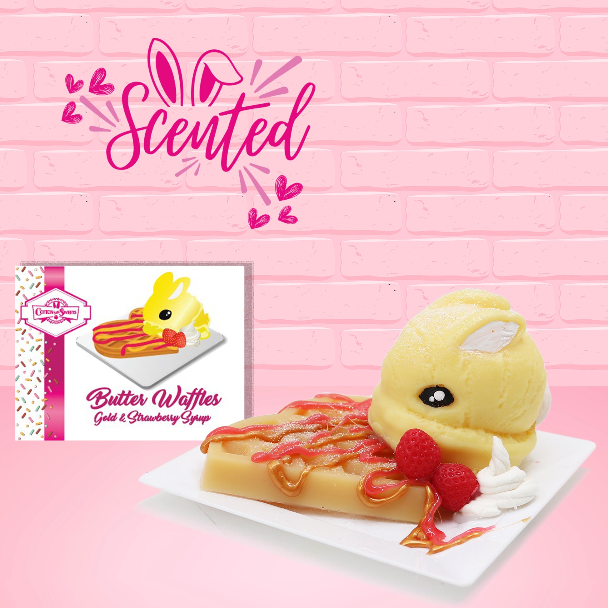 Cute kawaii buttery bunny on top of a waffle with gold and red drizzles, red strawberries, on top of a square plate. The front of the character card is shown as well as the word scented. 