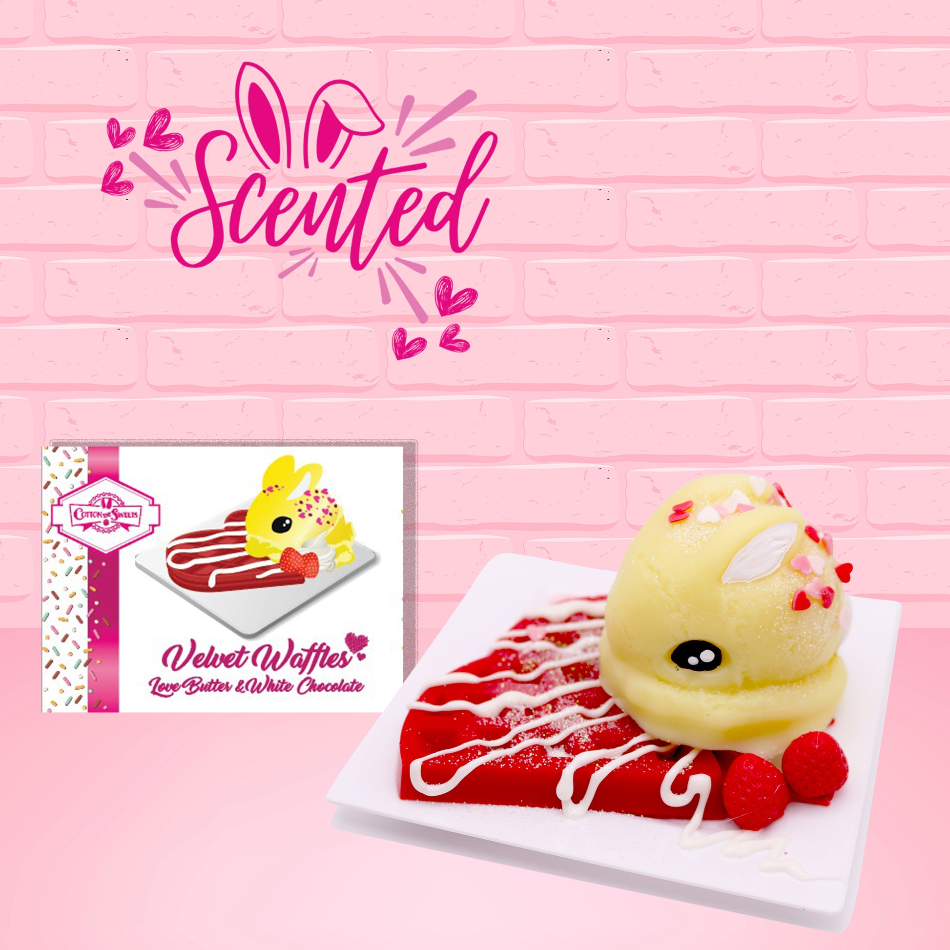 Cute kawaii buttery bunny on top of a red waffle with white drizzle, white glitter, and red raspberries on a square plate. The front of the character card is shown as well as the word scented.