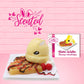 Cute kawaii butter bunny on top of a waffle with chocolate and red drizzles, strawberries, and on a square plate. The front of the character card and the word scented are shown.