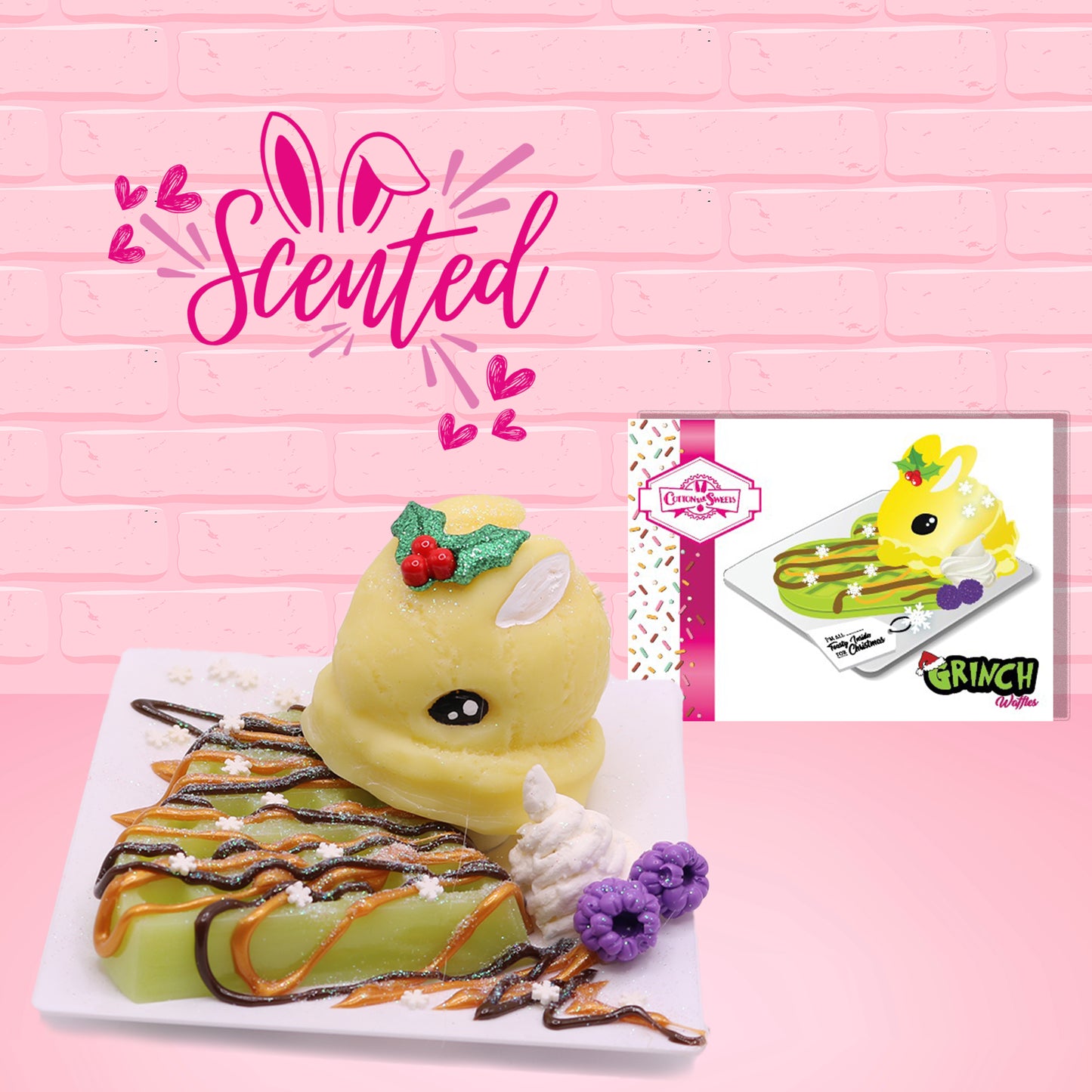 Cute kawaii yellow bunny on top of a green waffle with caramel and chocolate drizzles, snowflake sprinkles, and purple raspberries on top of a square plate. The front of the character card is shown as well as the word scented.