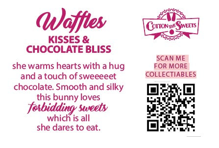 The back of the character card reads: Waffles Kisses & Chocolate Bliss, she warms hearts with a hug and touch of sweeeet chocolate. Smooth and silky this bunny loves forbidding sweets which is all she dares to eat.