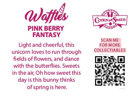 The back of the character card reads: Waffles Pink Berry Fantasy, Light and cheerful, this unicorn loves to run through fields of flowers, and dance with the butterflies. Sweets in the air, oh how sweet this day is this bunny thinks of spring is here.