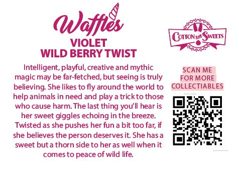 The back of the character card reads: Waffles Violet Wild Berry Twist, Intelligent, playful, creative and mythic magic may be far-fetched, but seeing is truly believing. She likes to fly around the world to help animals in need and play a trick on those who cause harm. The last thing you’ll hear is her sweet giggles echoing in the breeze. Twisted as she pushes her fun a bit too far, if she believes the person deserves it. She has a sweet but a thorn side to her as well when it comes to peace of wild life.