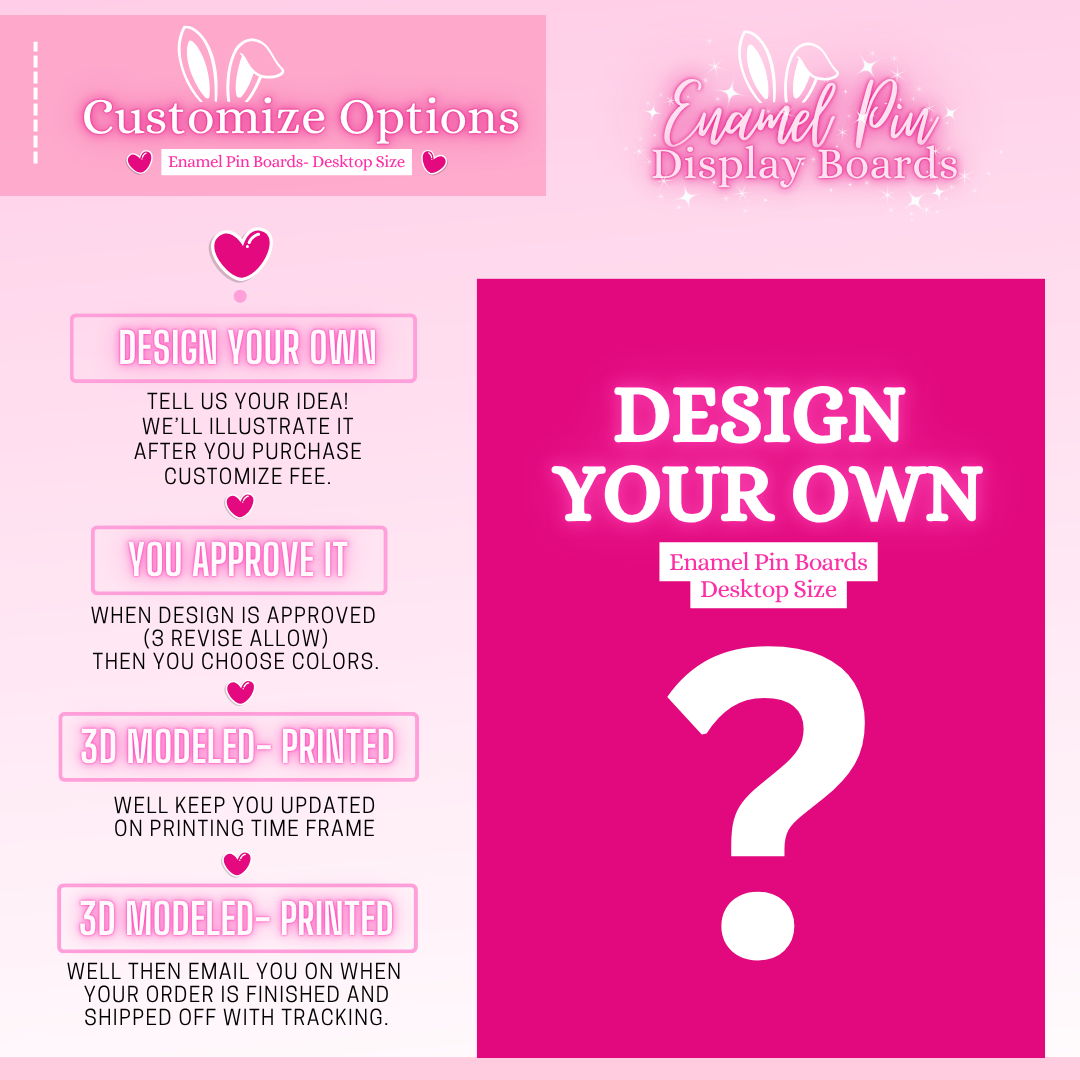 Pink promotional flyer banner for customizable enamel pin display boards with text and a question mark symbol. Simple steps in the design process layout.